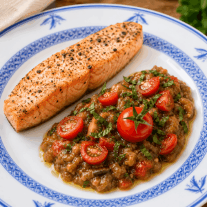 Auberginensauce als Aufstrich oder Beilage zu Lachs + Fleisch – grüner Tag