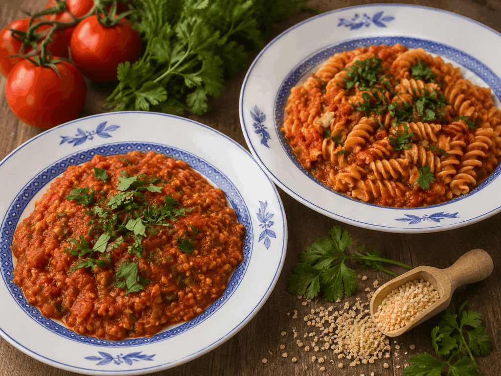 Vegane indische Tomatensauce mit Lupinenschrot oder Lupinennudeln – grüner Tag