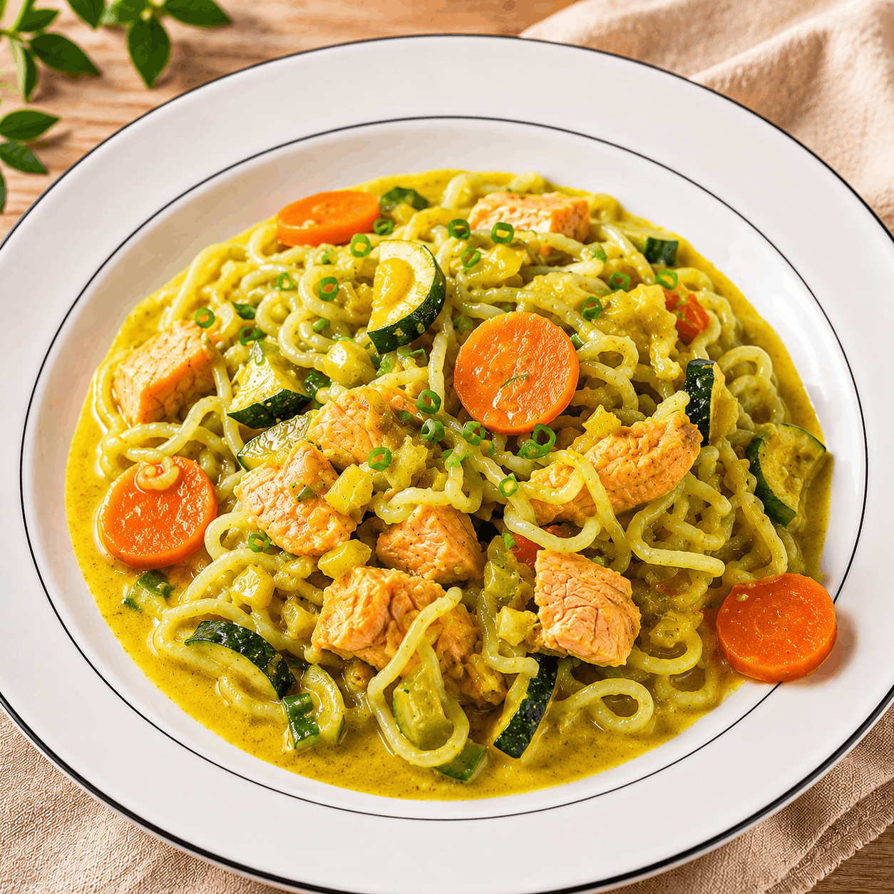 Lachs-Curry mit Konjaknudeln - grüner Tag