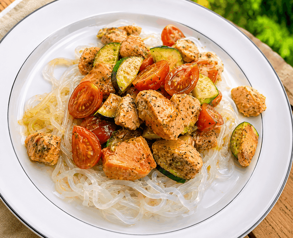 Lachs mit Zucchini und Konjaknudeln - grüner Tag