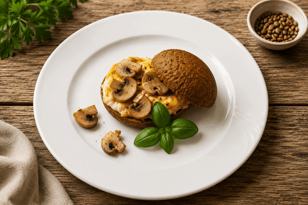Kürbiskernmehl-Weckerl mit Pilz-Eierspeise - grüner Tag