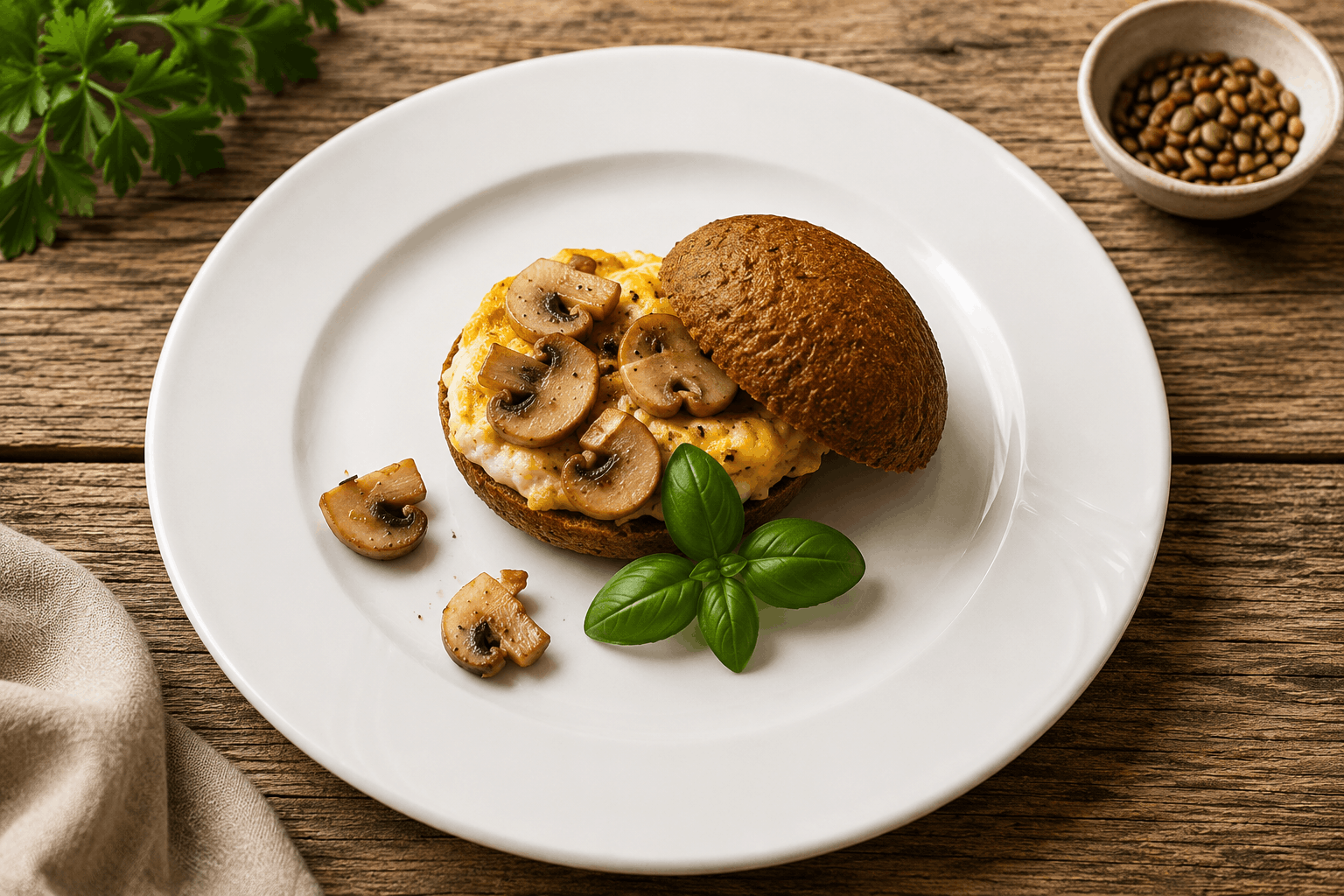 Kürbiskernmehl-Weckerl mit Pilz-Eierspeise - grüner Tag