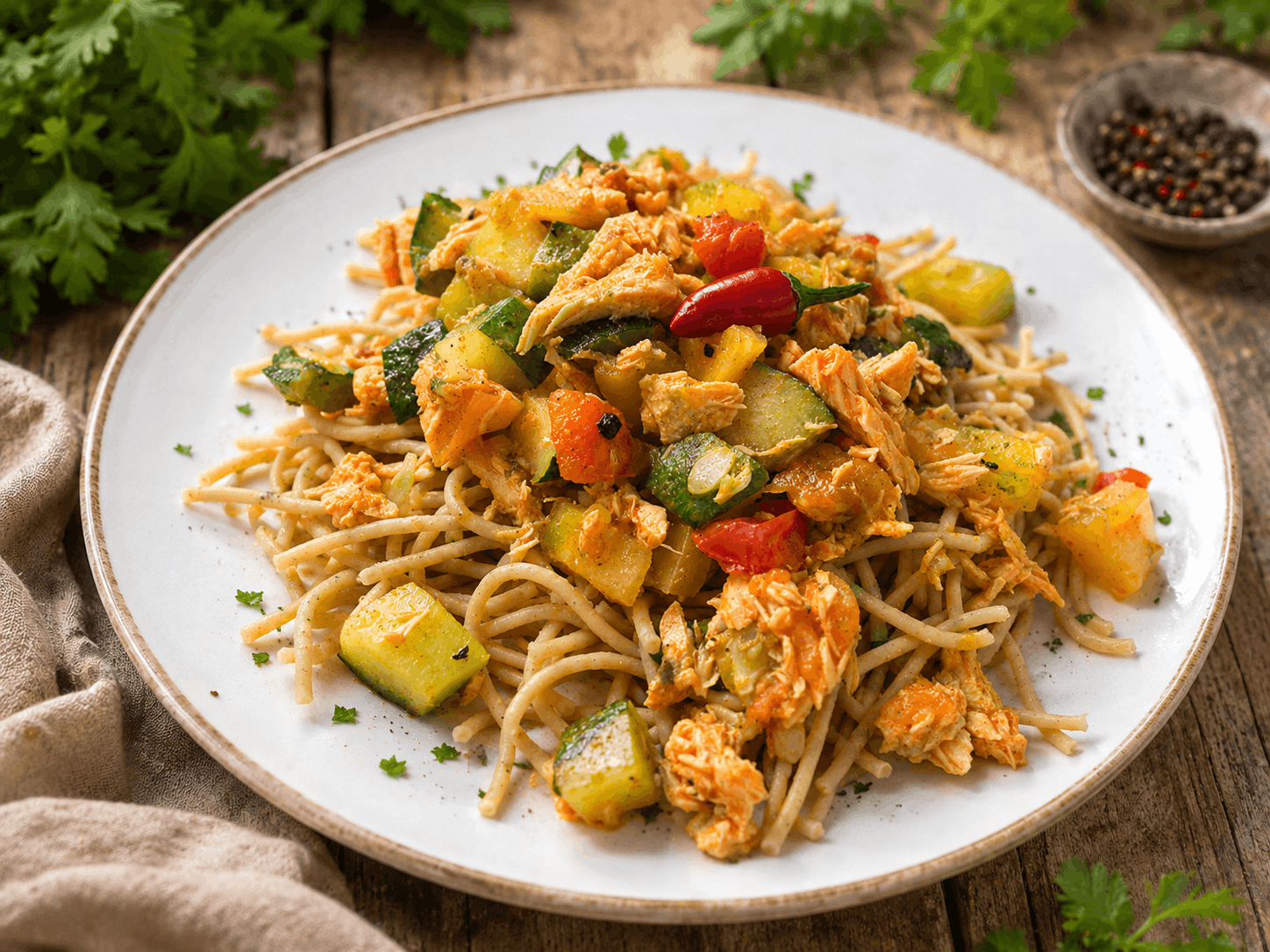 Lachs-Gemüse-Sauce mit Lupinennudeln – grüner Tag