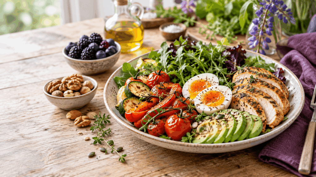 Gesunde Low-Carb-Mahlzeit mit Gemüse, Eiweiß, Nüssen und Beeren